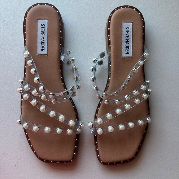 Steve Madden Skyler Sandal Tan Womens Size 8.5 Pearl Embellishment Preppy Vaca - Picture 5 of 8